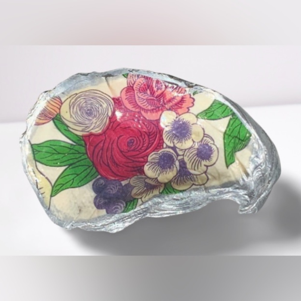 Decoupage Floral Oyster Shell Trinket Dish